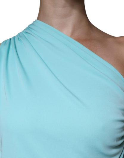 Hellblaues, langes, drapiertes One-Shoulder-Jersey-Kleid