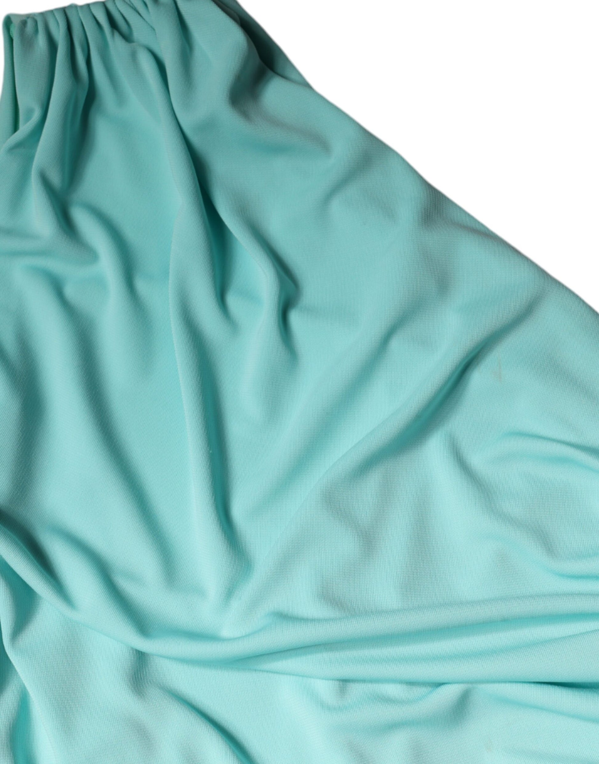 Hellblaues, langes, drapiertes One-Shoulder-Jersey-Kleid