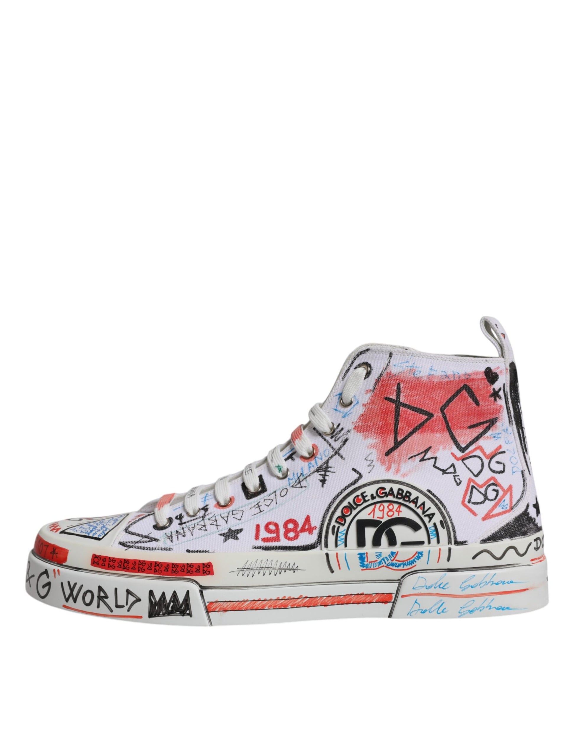 Weiße High-Top-Sneaker aus Baumwolle mit Graffiti-Muster