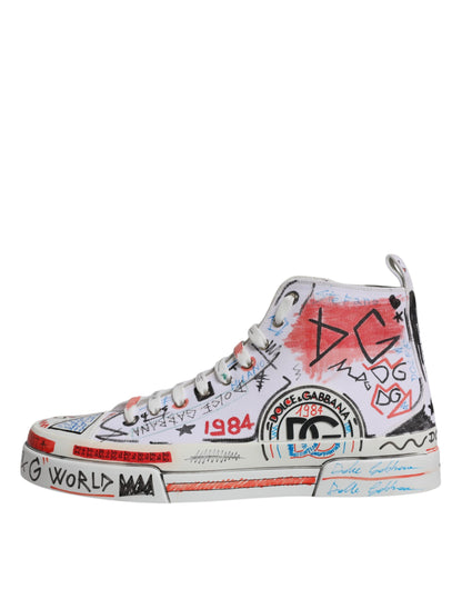 Weiße High-Top-Sneaker aus Baumwolle mit Graffiti-Muster
