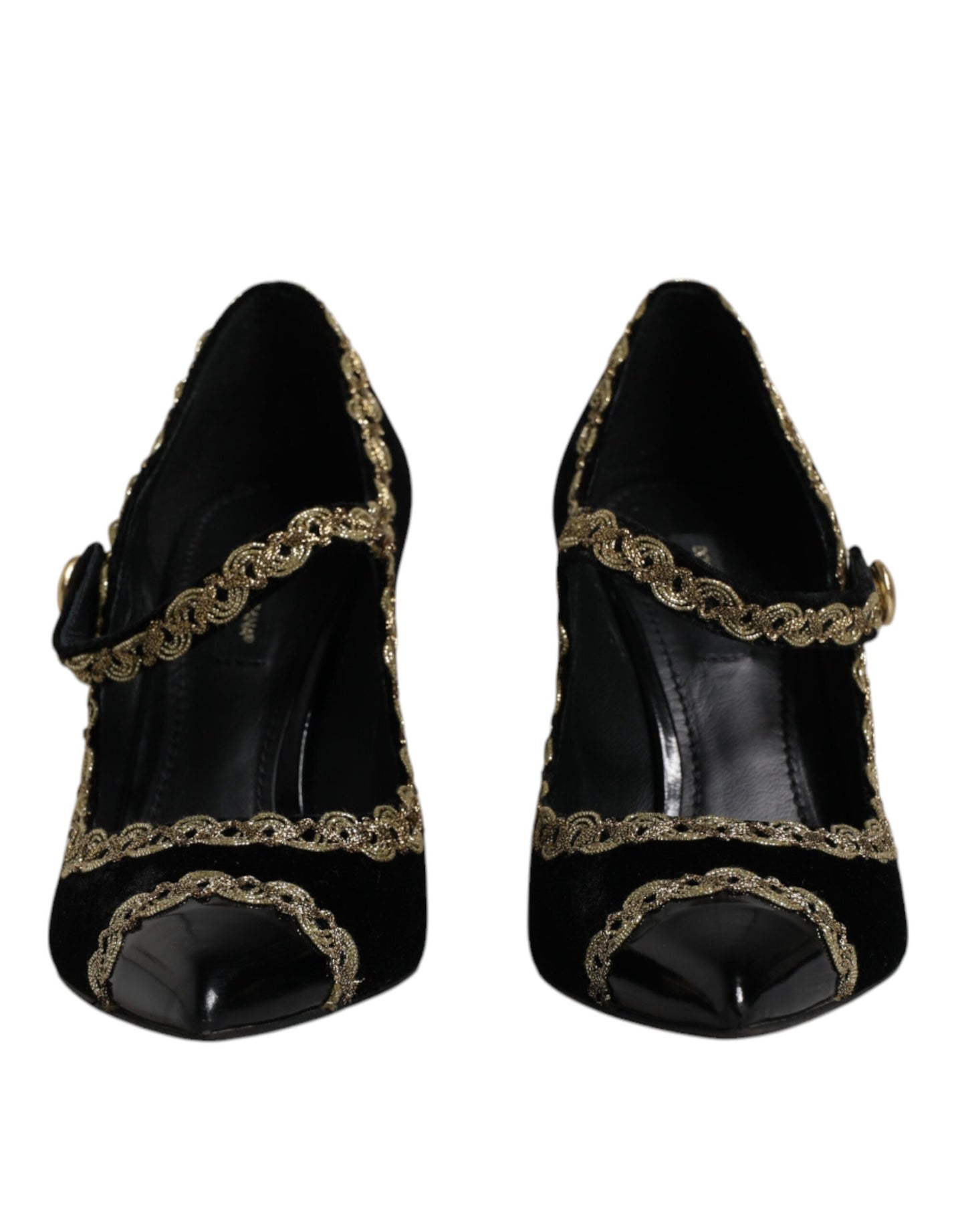 Schwarze Mary Janes Pumps aus goldenem Samt