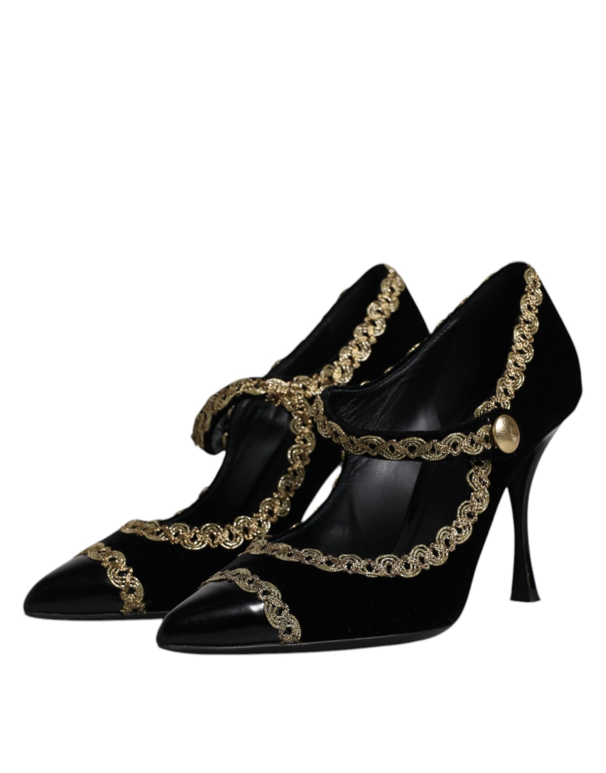 Schwarze Mary Janes Pumps aus goldenem Samt