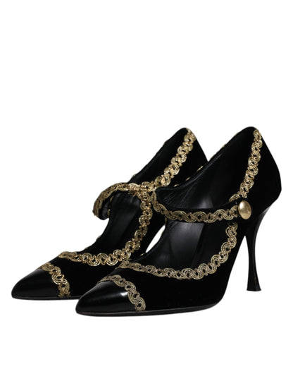 Schwarze Mary Janes Pumps aus goldenem Samt