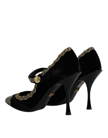 Schwarze Mary Janes Pumps aus goldenem Samt