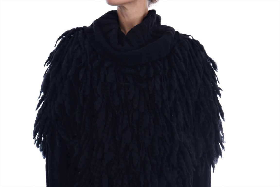 Eleganter schwarzer Woll-Kaschmir-Pullover mit Fransen