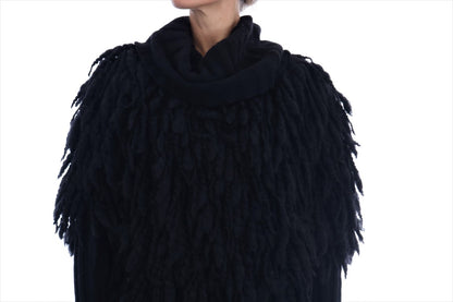 Eleganter schwarzer Woll-Kaschmir-Pullover mit Fransen