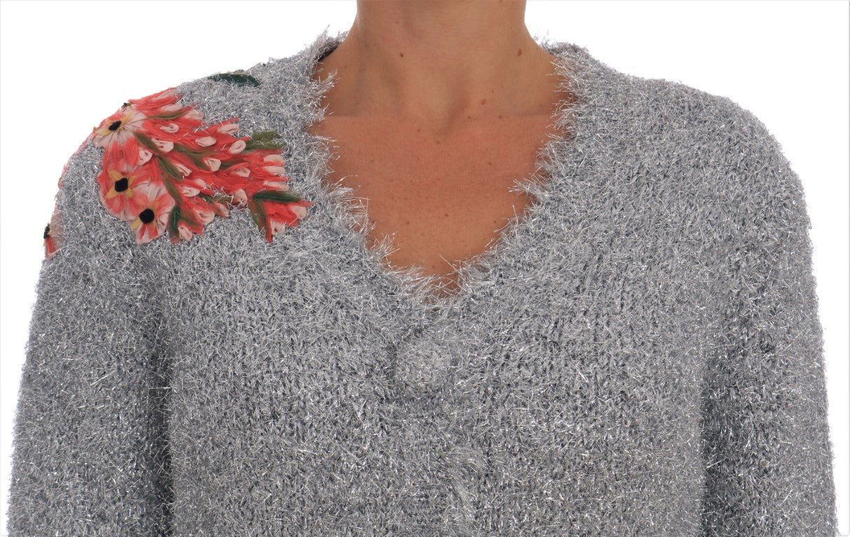 Elegante Strickjacke mit Blumenapplikationen in Silber