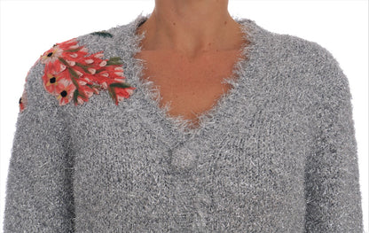 Elegante Strickjacke mit Blumenapplikationen in Silber