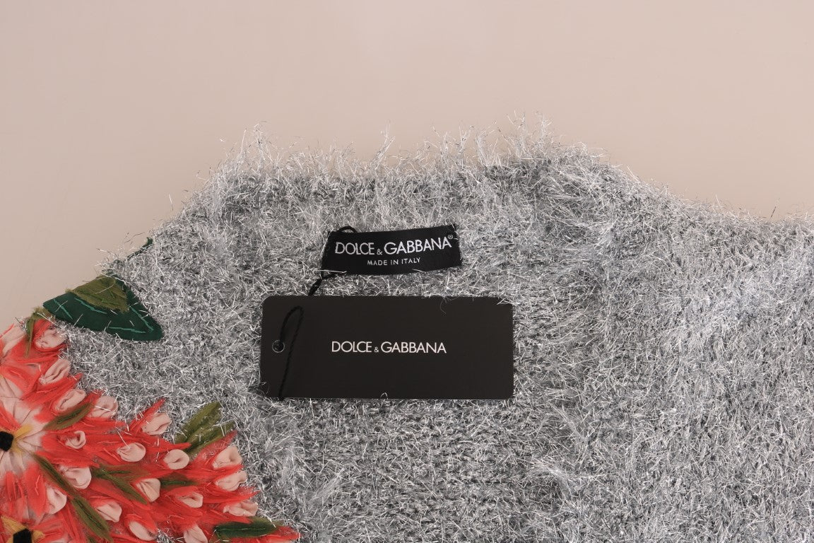 Elegante Strickjacke mit Blumenapplikationen in Silber