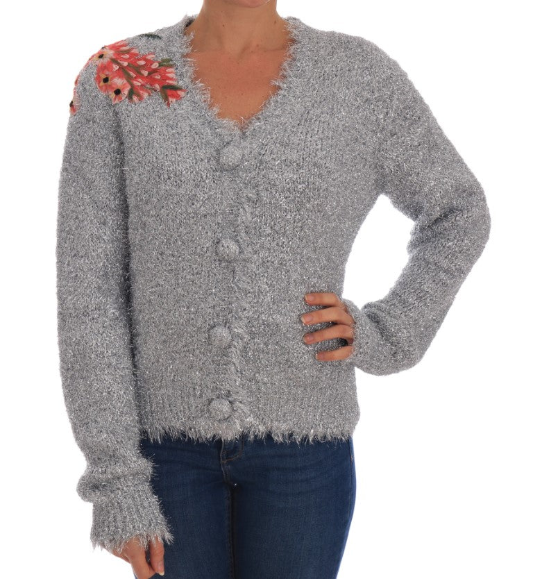Elegante Strickjacke mit Blumenapplikationen in Silber