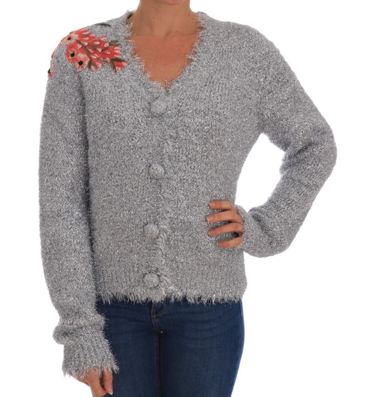 Elegante Strickjacke mit Blumenapplikationen in Silber