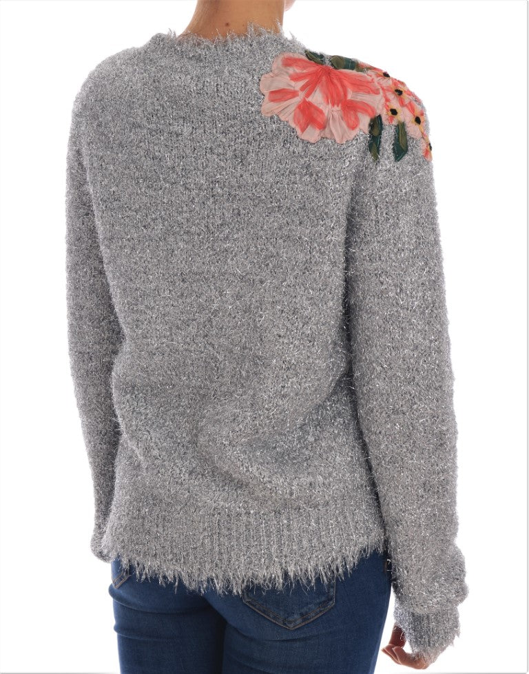 Elegante Strickjacke mit Blumenapplikationen in Silber