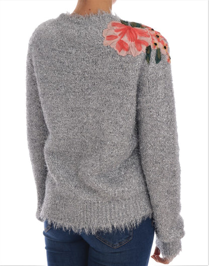 Elegante Strickjacke mit Blumenapplikationen in Silber