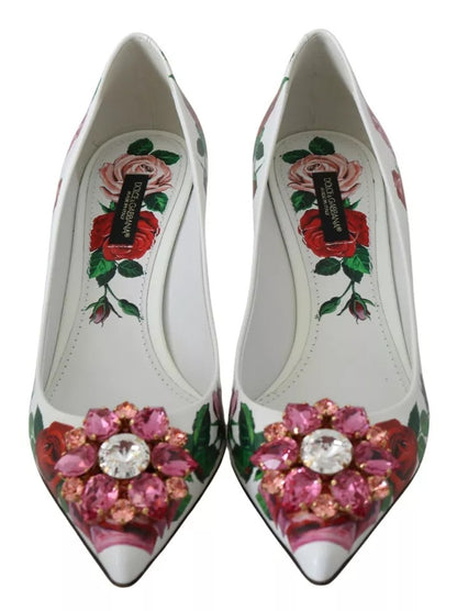 White Leather Roses Crystal Pumps Shoes