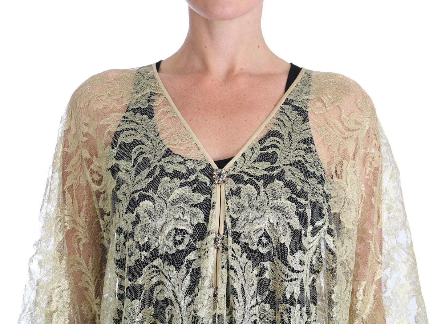 Goldenes Kaftan-Sommerkleid aus floraler Spitze