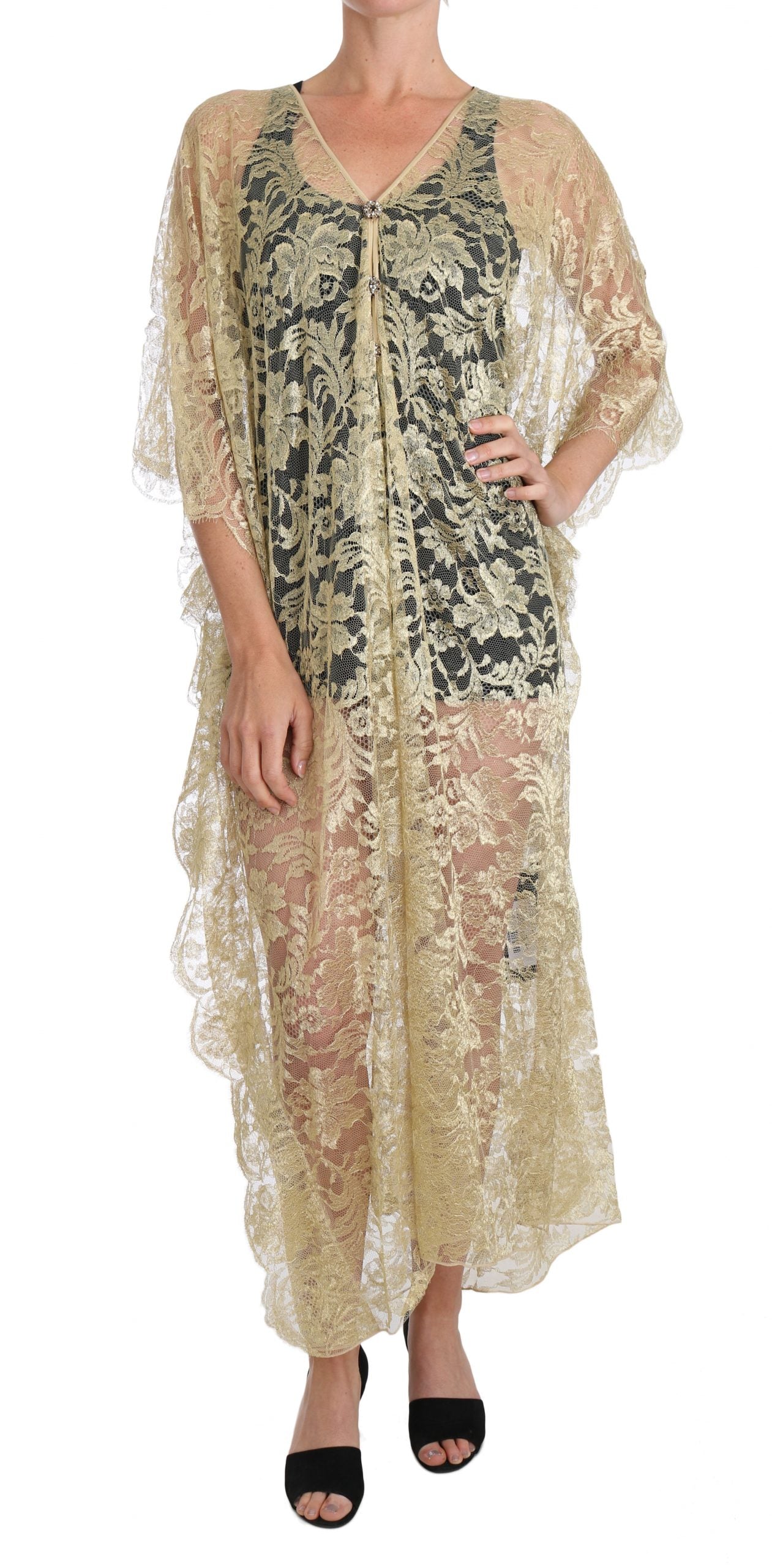 Goldenes Kaftan-Sommerkleid aus floraler Spitze