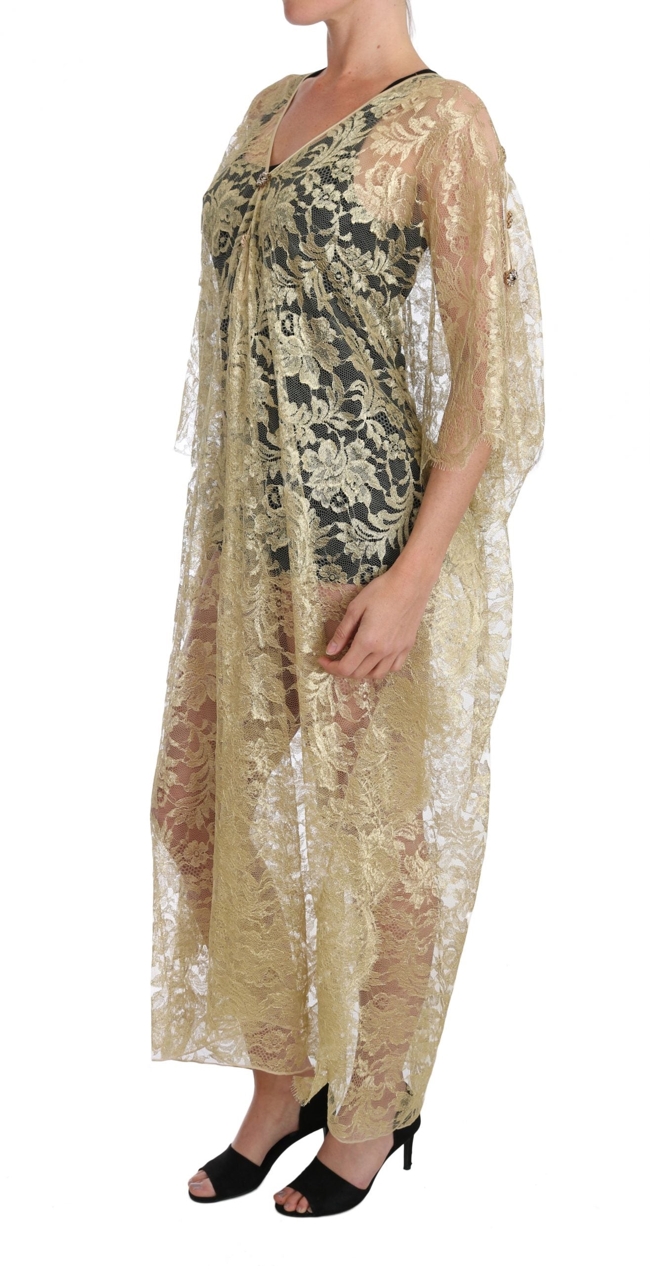 Goldenes Kaftan-Sommerkleid aus floraler Spitze
