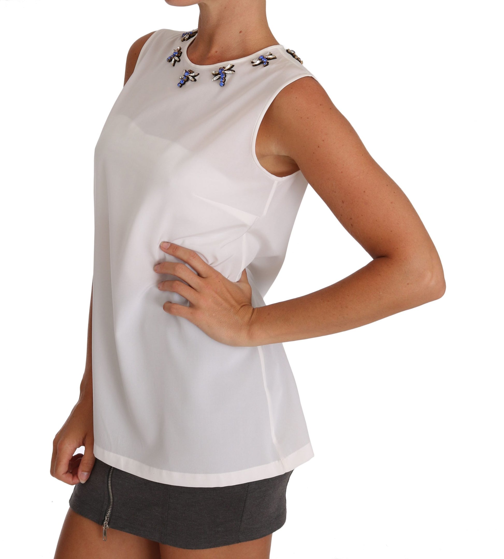 Elegante, verzierte ärmellose Seidenbluse