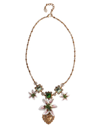 Gold Brass Lily Crystal Sacred Heart Pendant Necklace