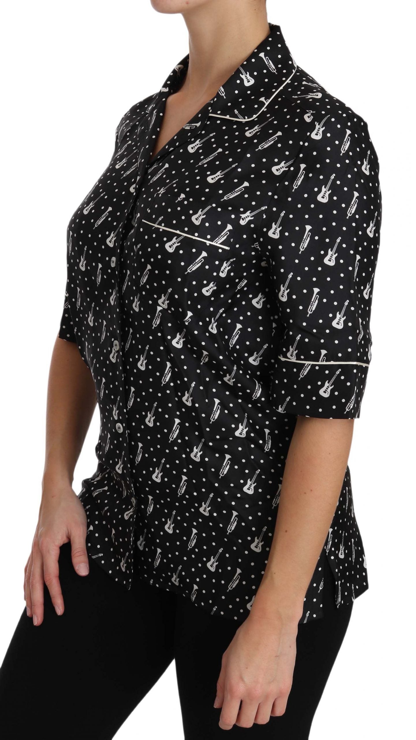 Seiden-Poloshirt mit Gitarren- und Trompeten-Print