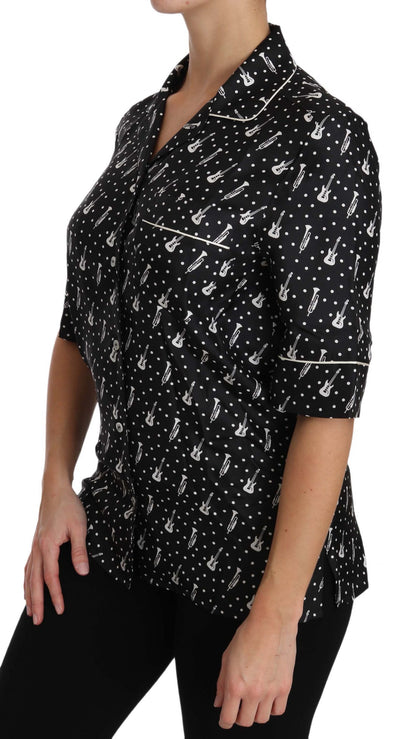 Seiden-Poloshirt mit Gitarren- und Trompeten-Print