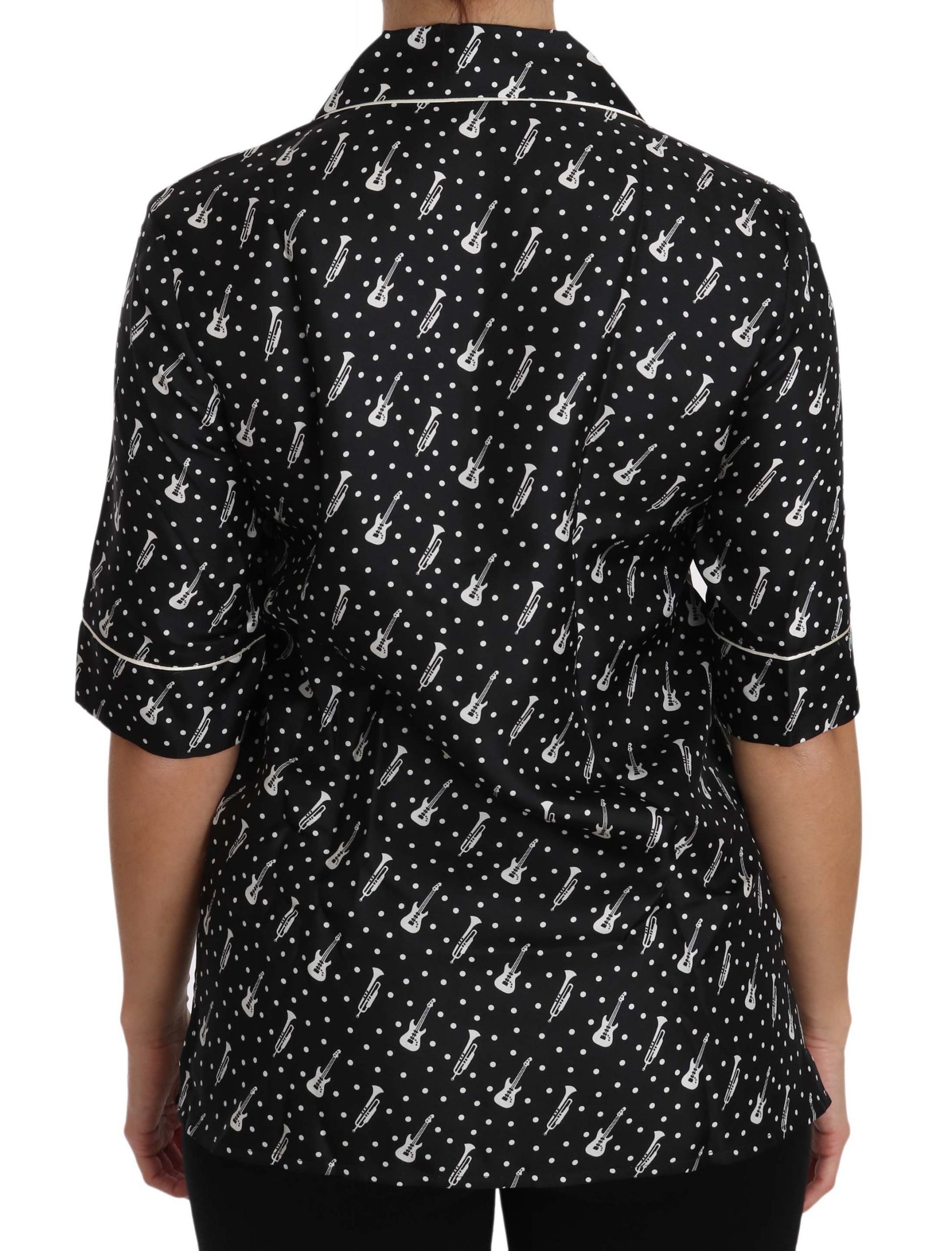 Seiden-Poloshirt mit Gitarren- und Trompeten-Print