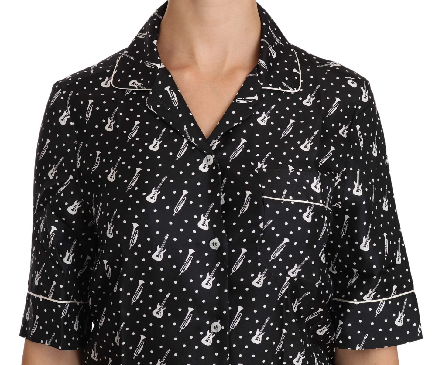 Seiden-Poloshirt mit Gitarren- und Trompeten-Print