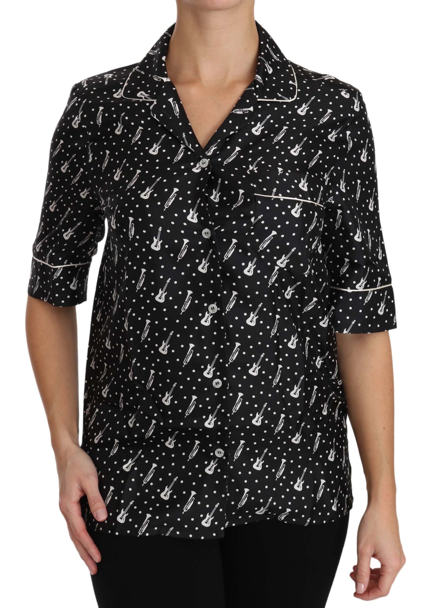 Seiden-Poloshirt mit Gitarren- und Trompeten-Print