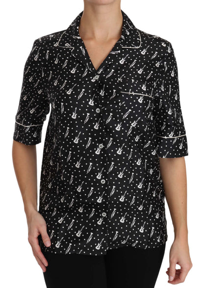 Seiden-Poloshirt mit Gitarren- und Trompeten-Print