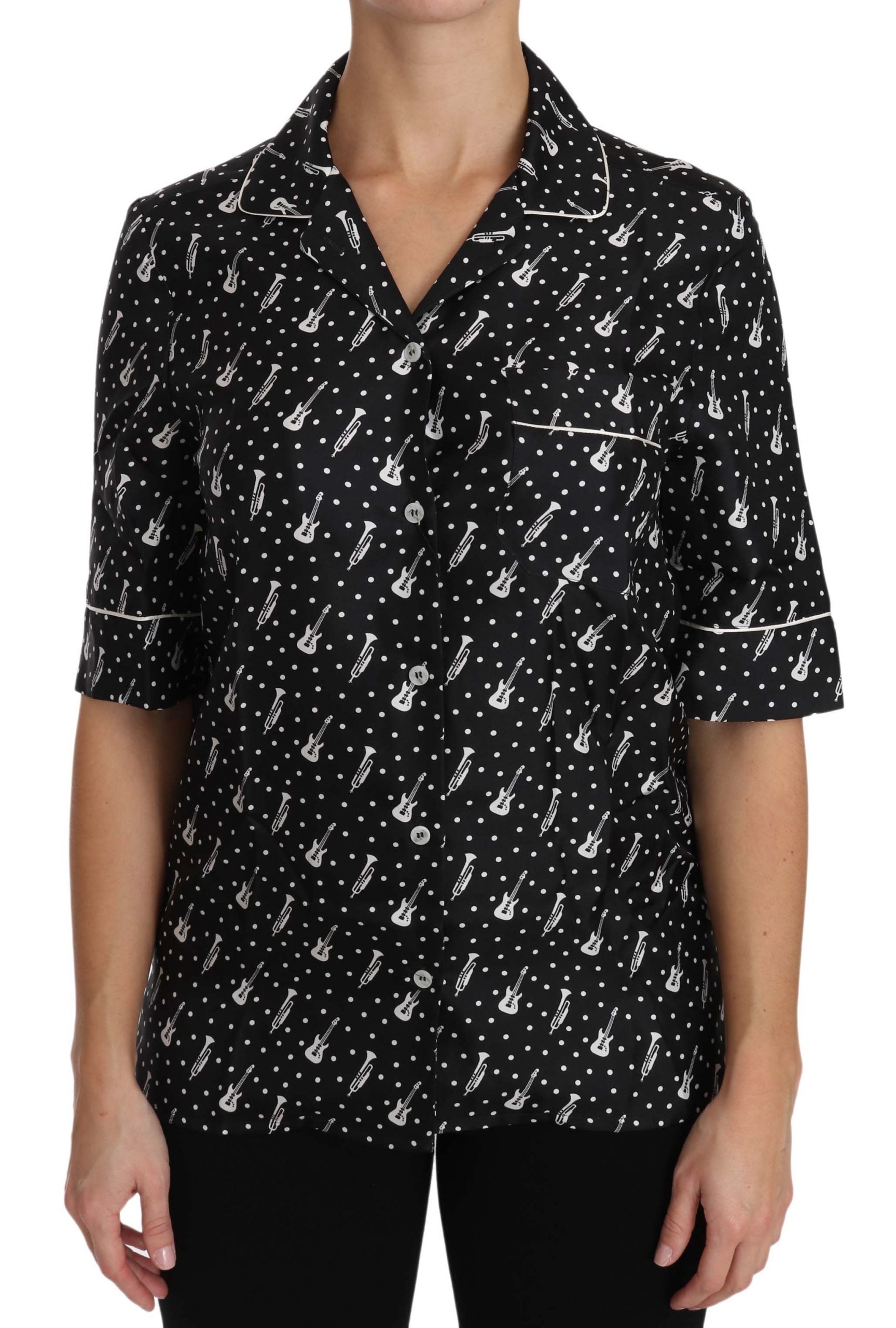 Seiden-Poloshirt mit Gitarren- und Trompeten-Print