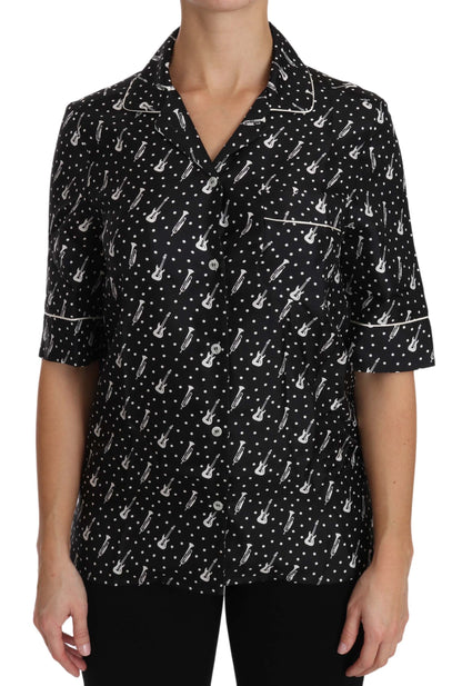 Seiden-Poloshirt mit Gitarren- und Trompeten-Print