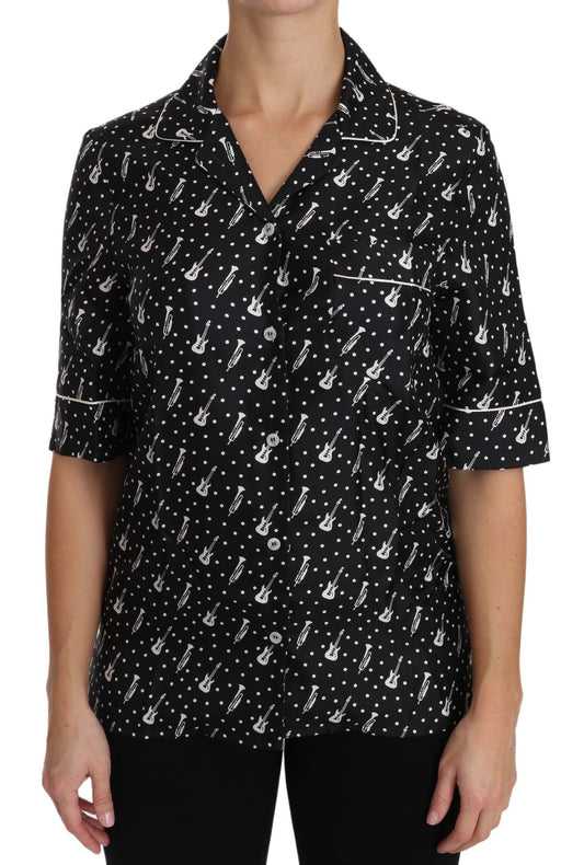 Seiden-Poloshirt mit Gitarren- und Trompeten-Print