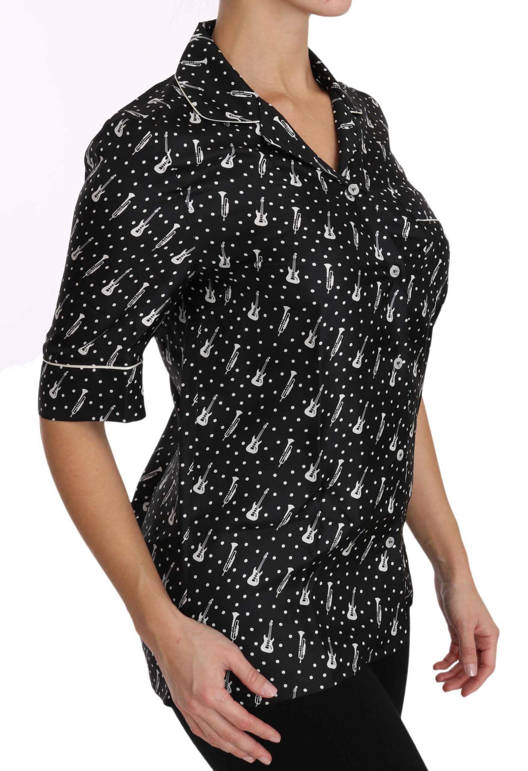 Seiden-Poloshirt mit Gitarren- und Trompeten-Print