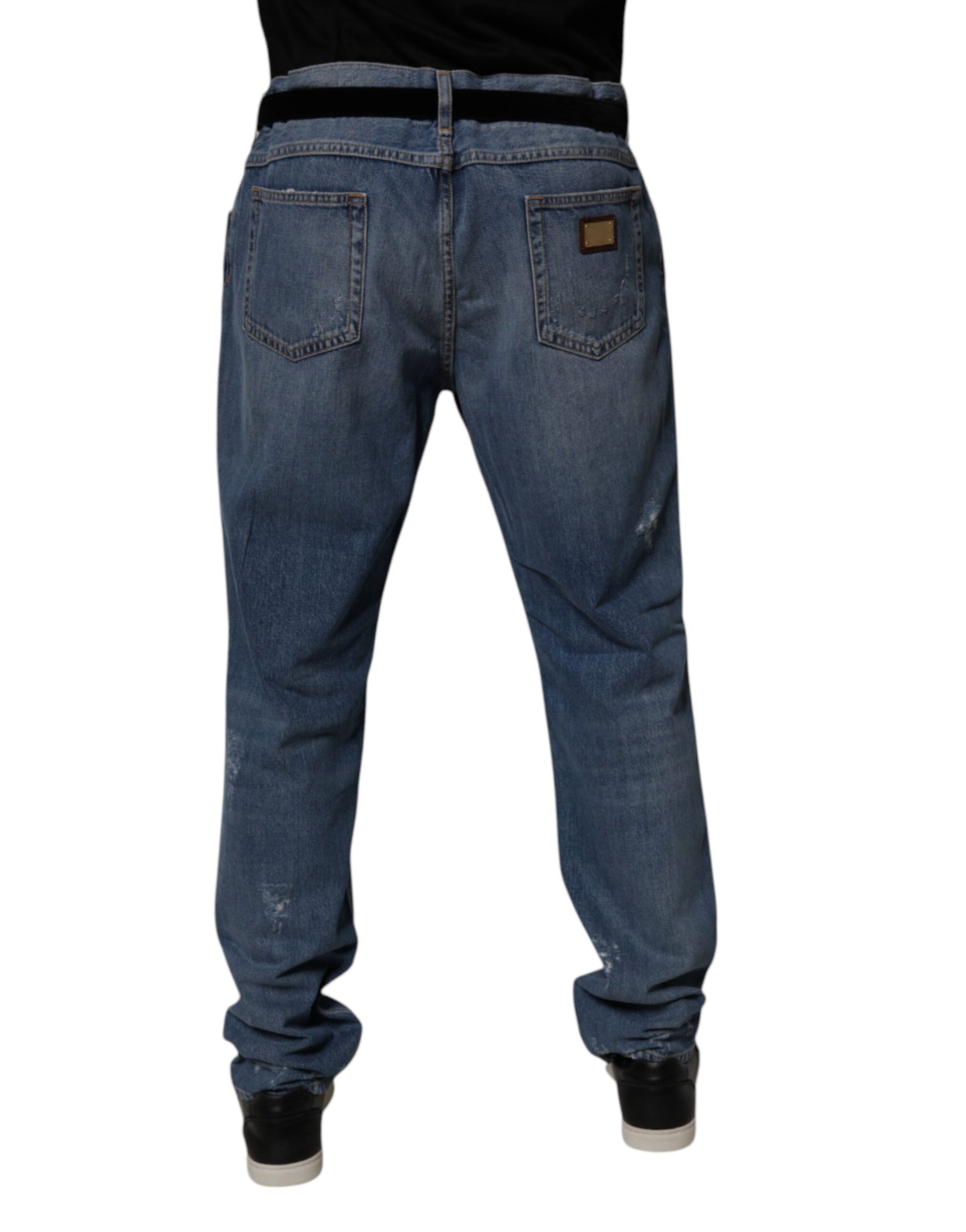 Blue Tattered Cotton Straight Denim Jeans