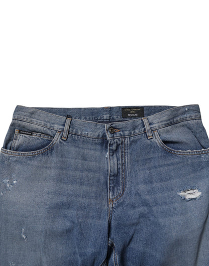 Blue Tattered Cotton Straight Denim Jeans
