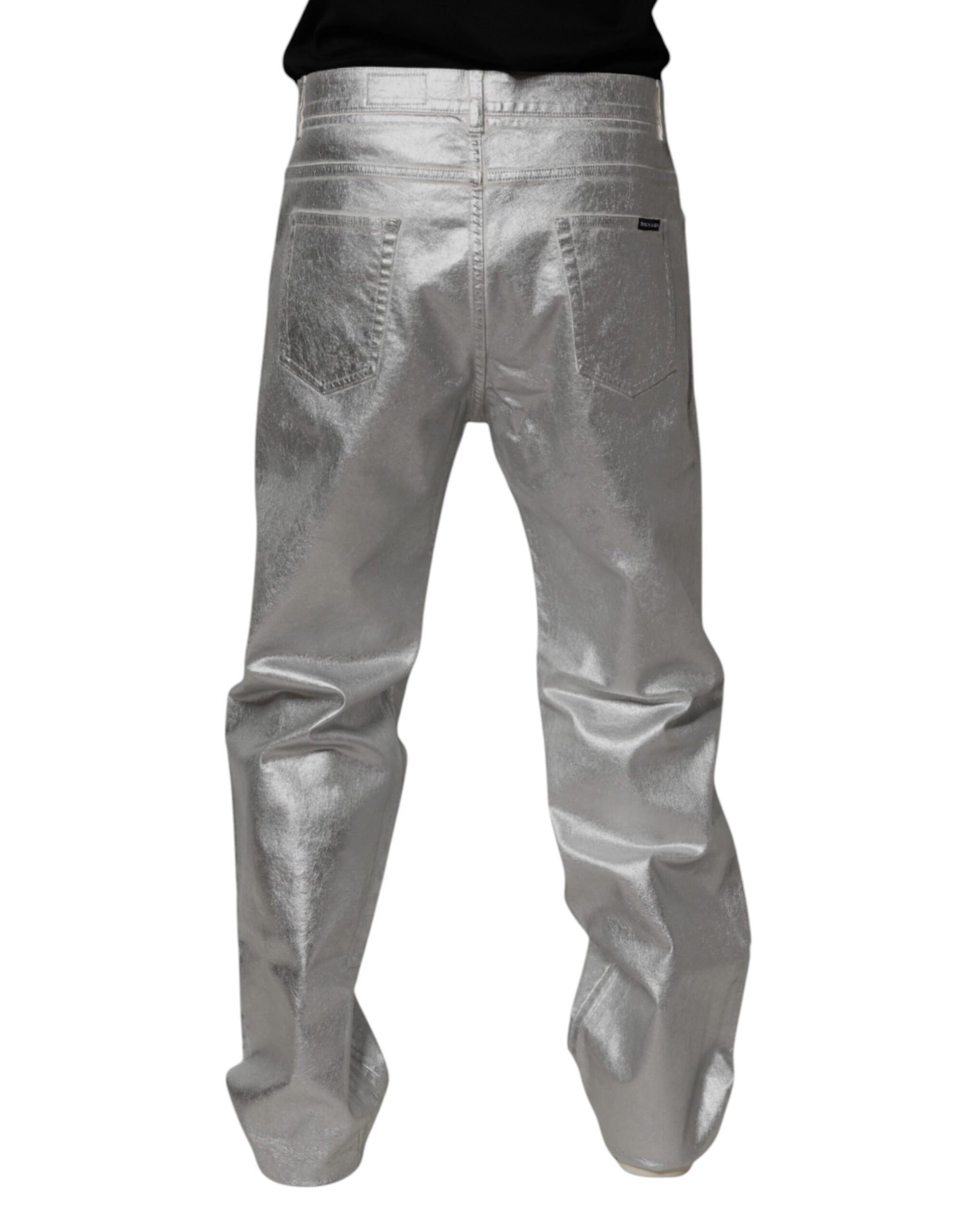 Metallic Silver Cotton Straight Denim Jeans