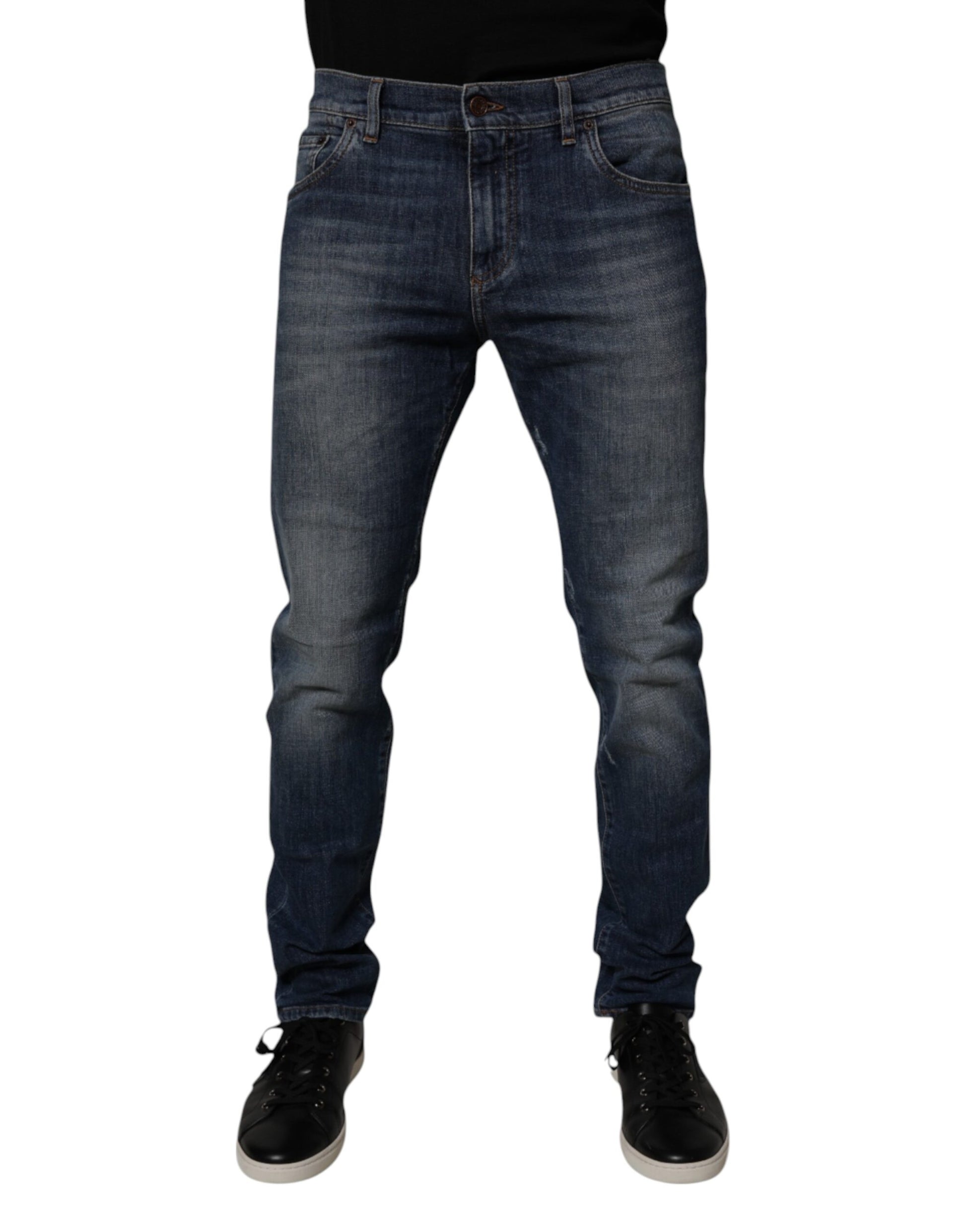 Dark Blue Cotton Leather Skinny Denim Jeans
