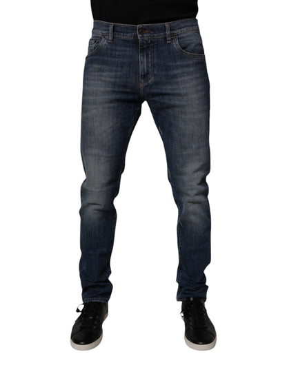 Dark Blue Cotton Leather Skinny Denim Jeans