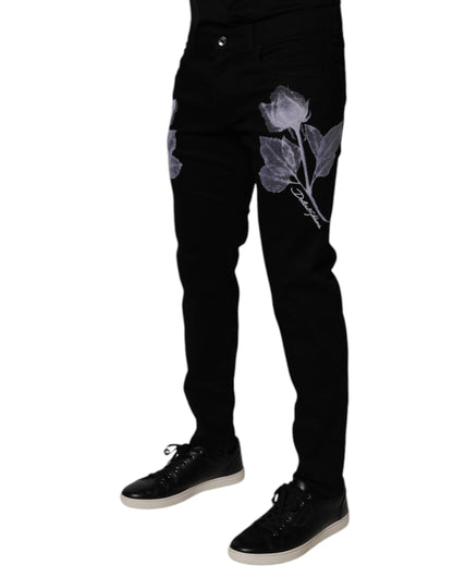 Black Floral Cotton Skinny Men Denim Jeans