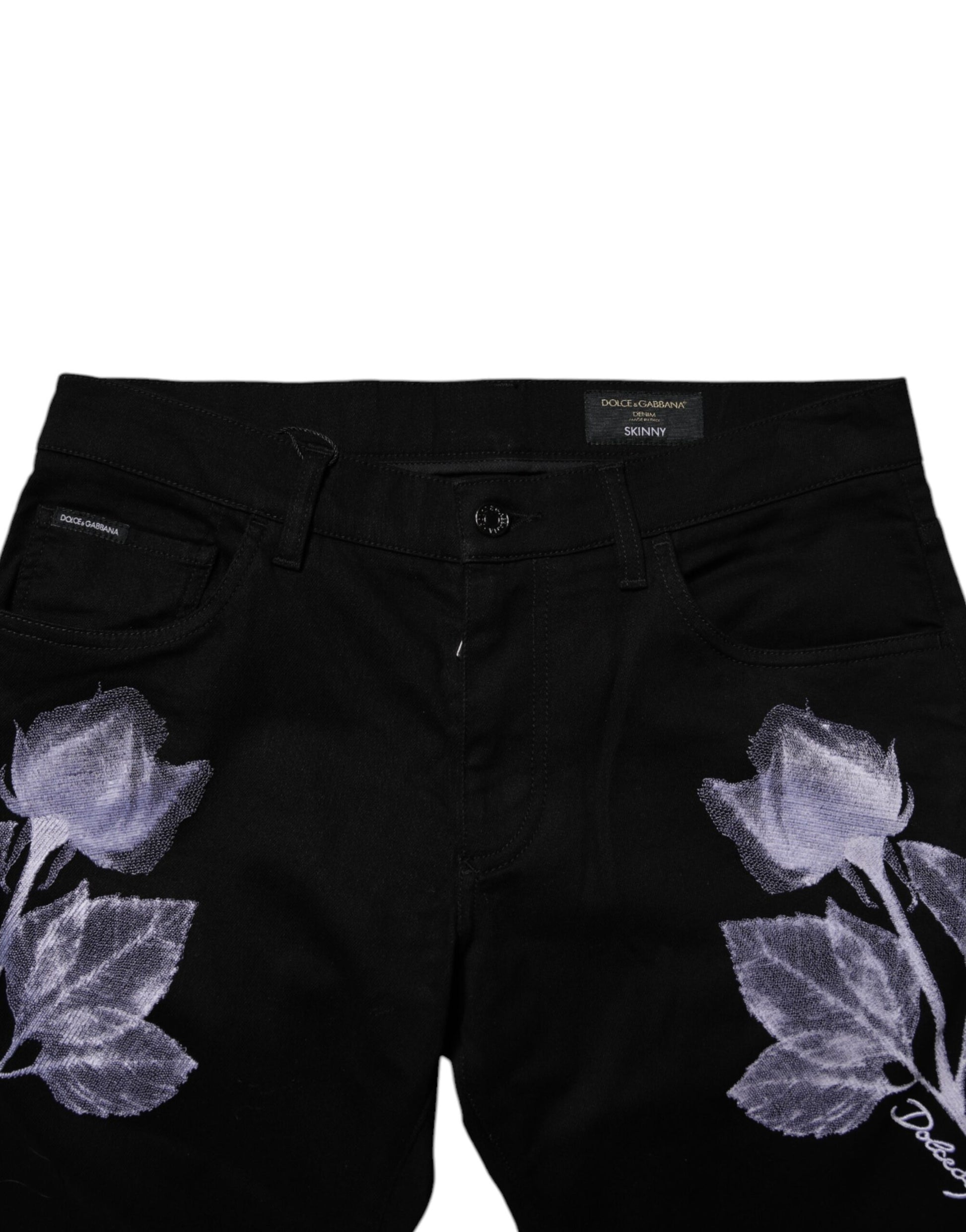 Black Floral Cotton Skinny Men Denim Jeans
