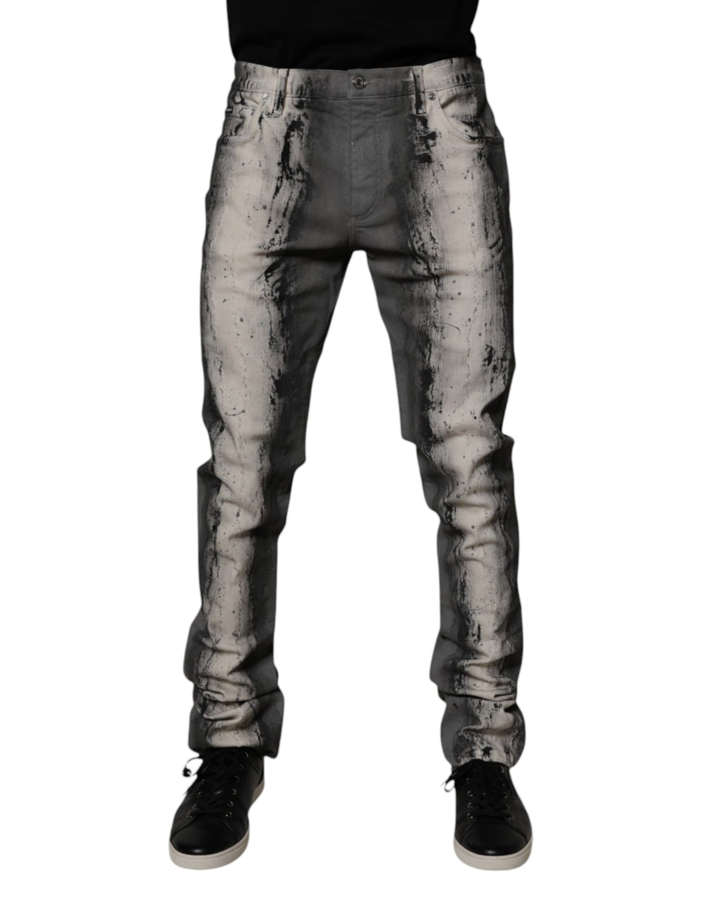 Gray Tie Dye Cotton Skinny Men Denim Jeans