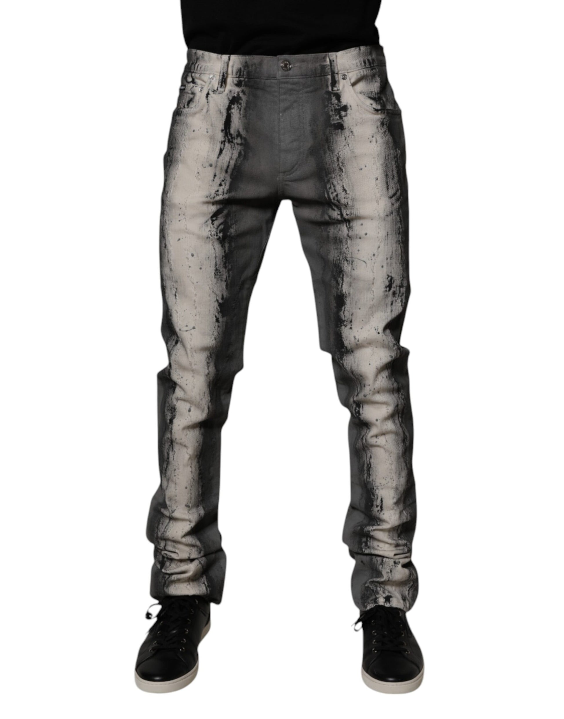 Gray Tie Dye Cotton Skinny Men Denim Jeans