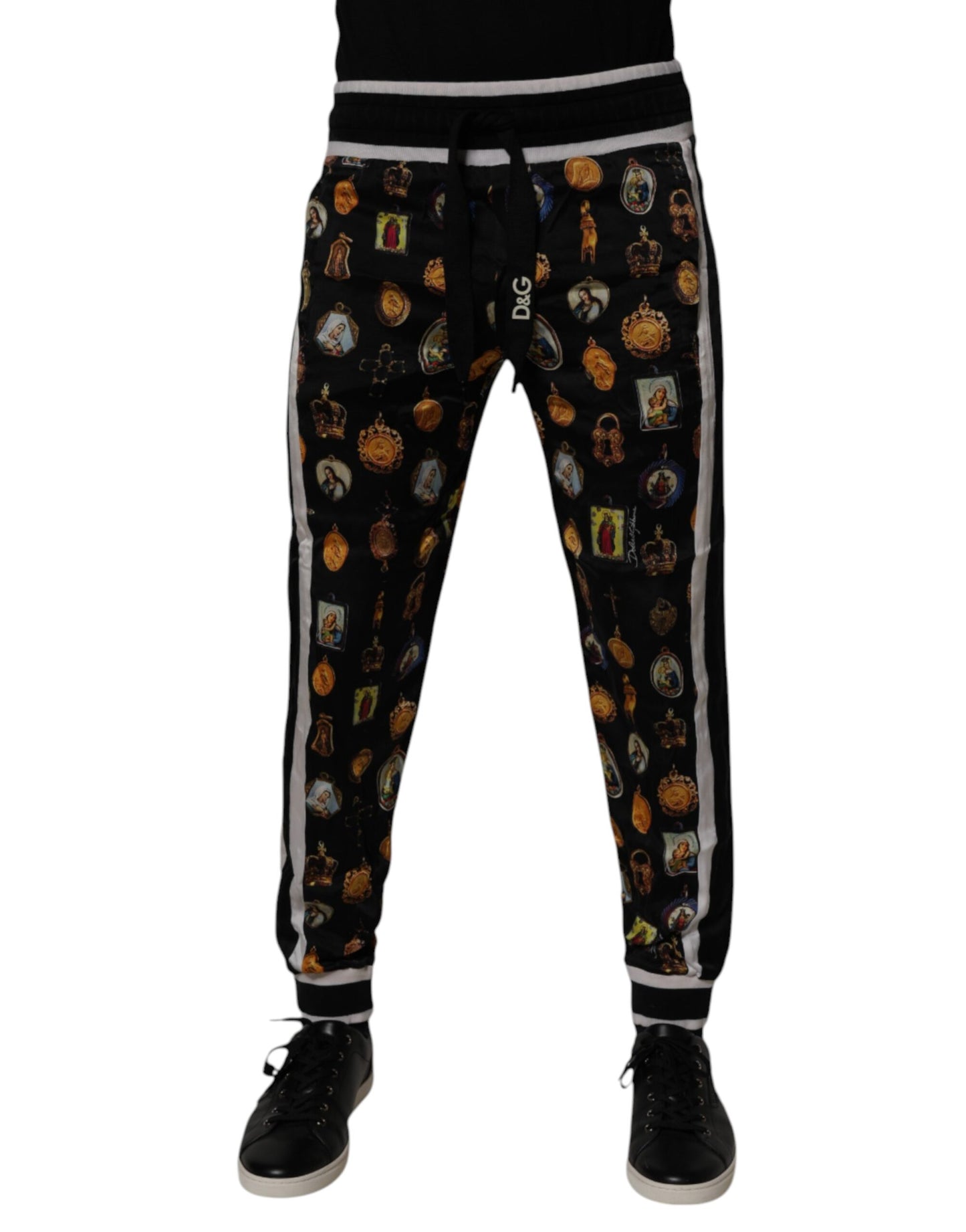 Black Religious Print Silk Men Jogger Pants