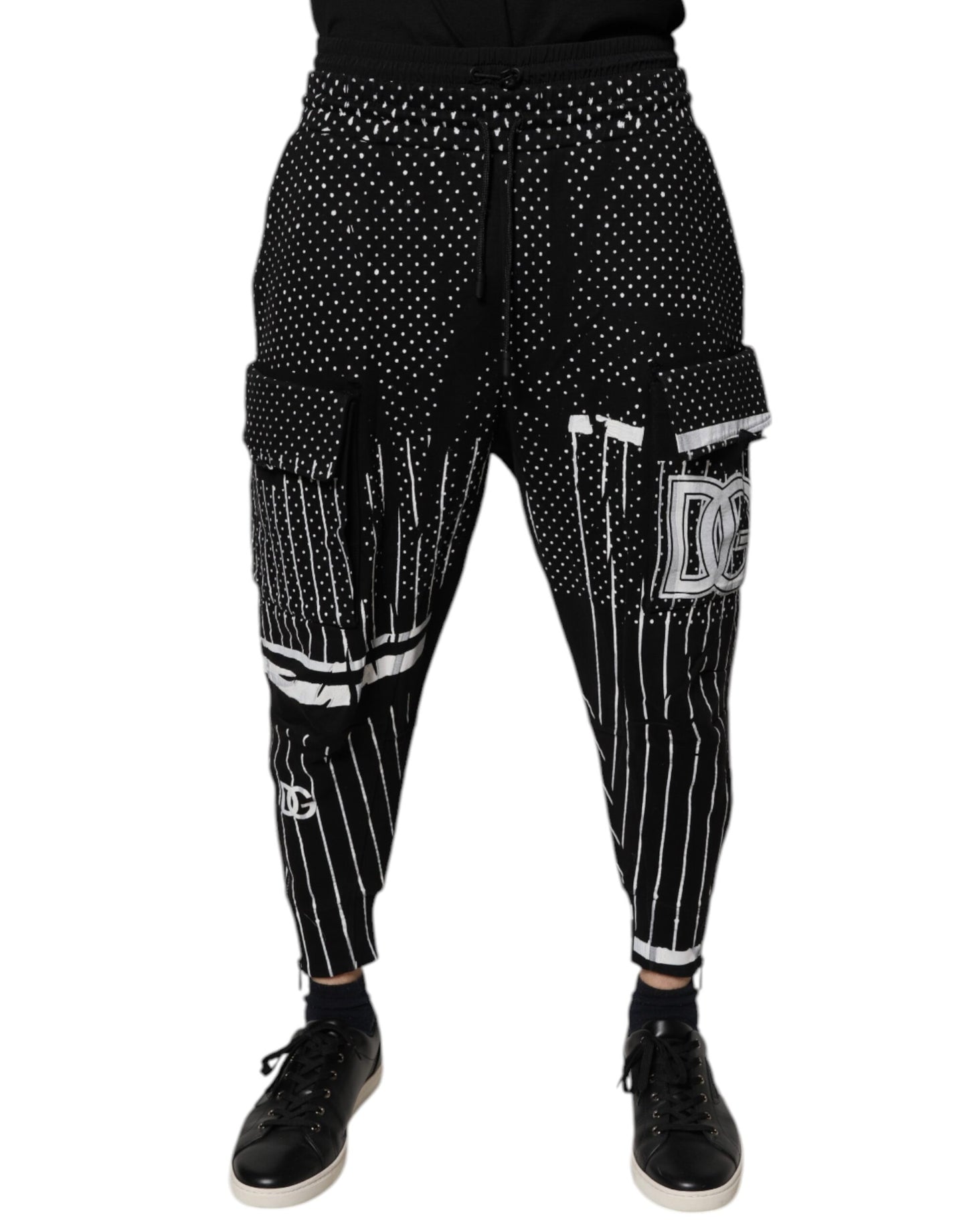 Black Polka Dot Stripes Cargo Jogger Sweatpants Pants