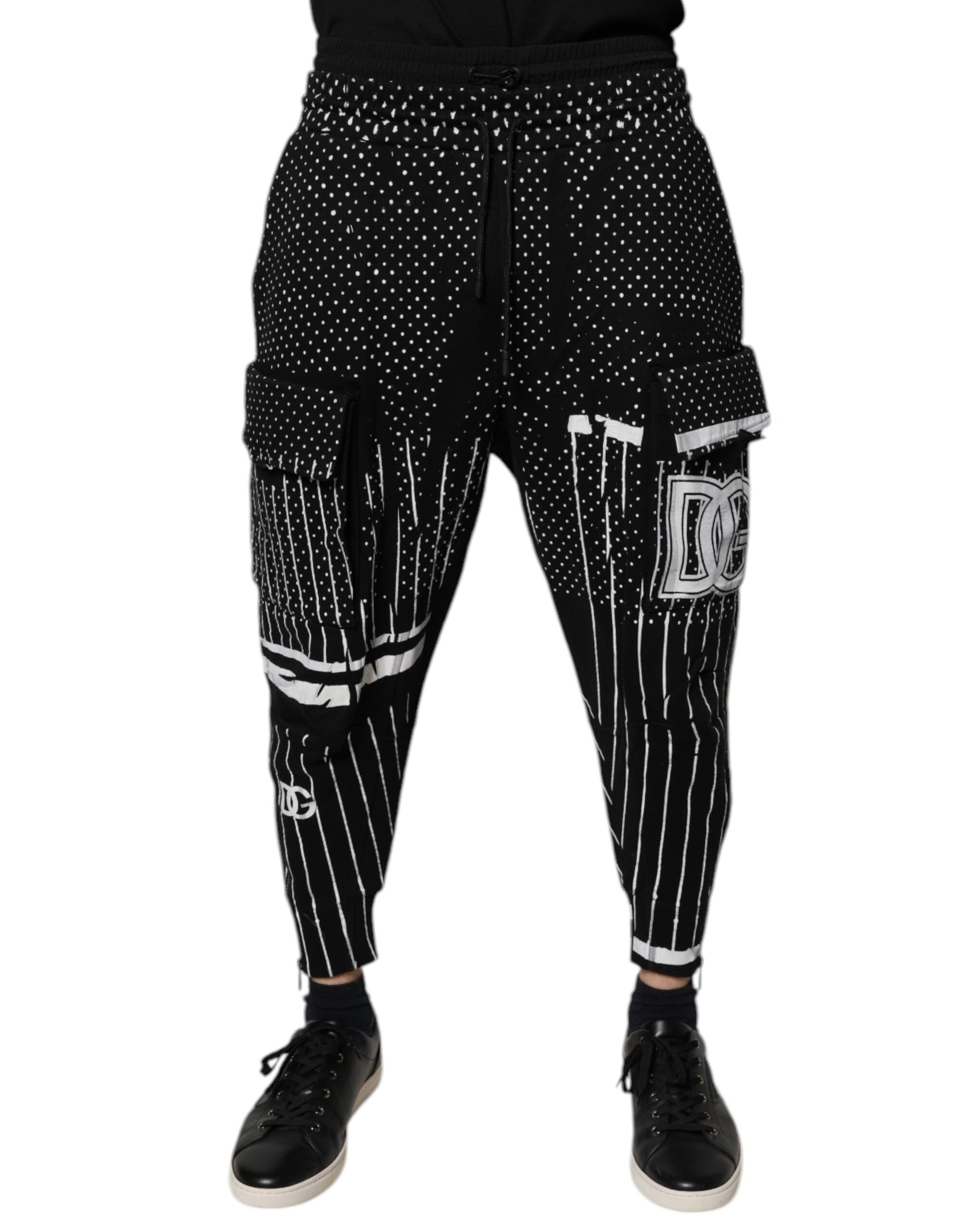 Black Polka Dot Stripes Cargo Jogger Sweatpants Pants