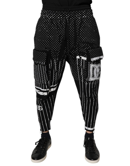 Black Polka Dot Stripes Cargo Jogger Sweatpants Pants