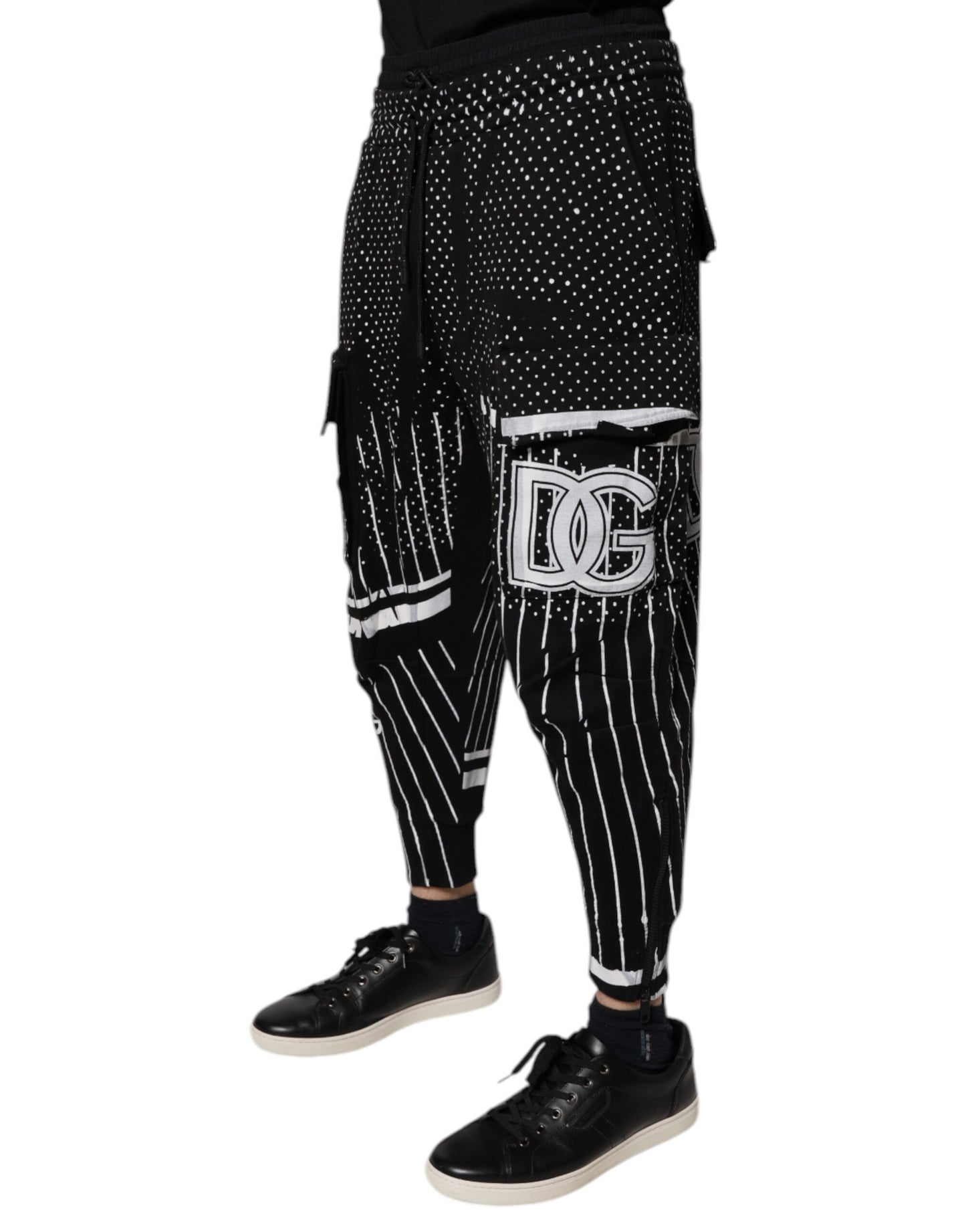 Black Polka Dot Stripes Cargo Jogger Sweatpants Pants