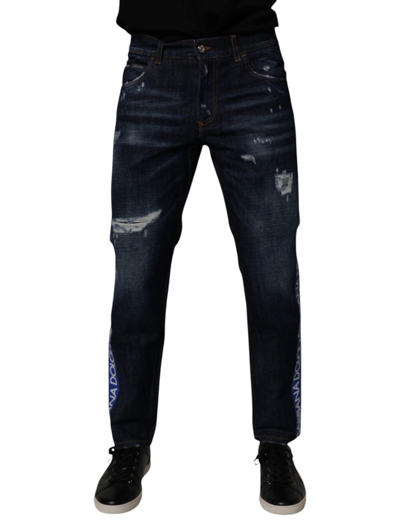 Dark Blue Cotton Tattered Skinny Denim Jeans