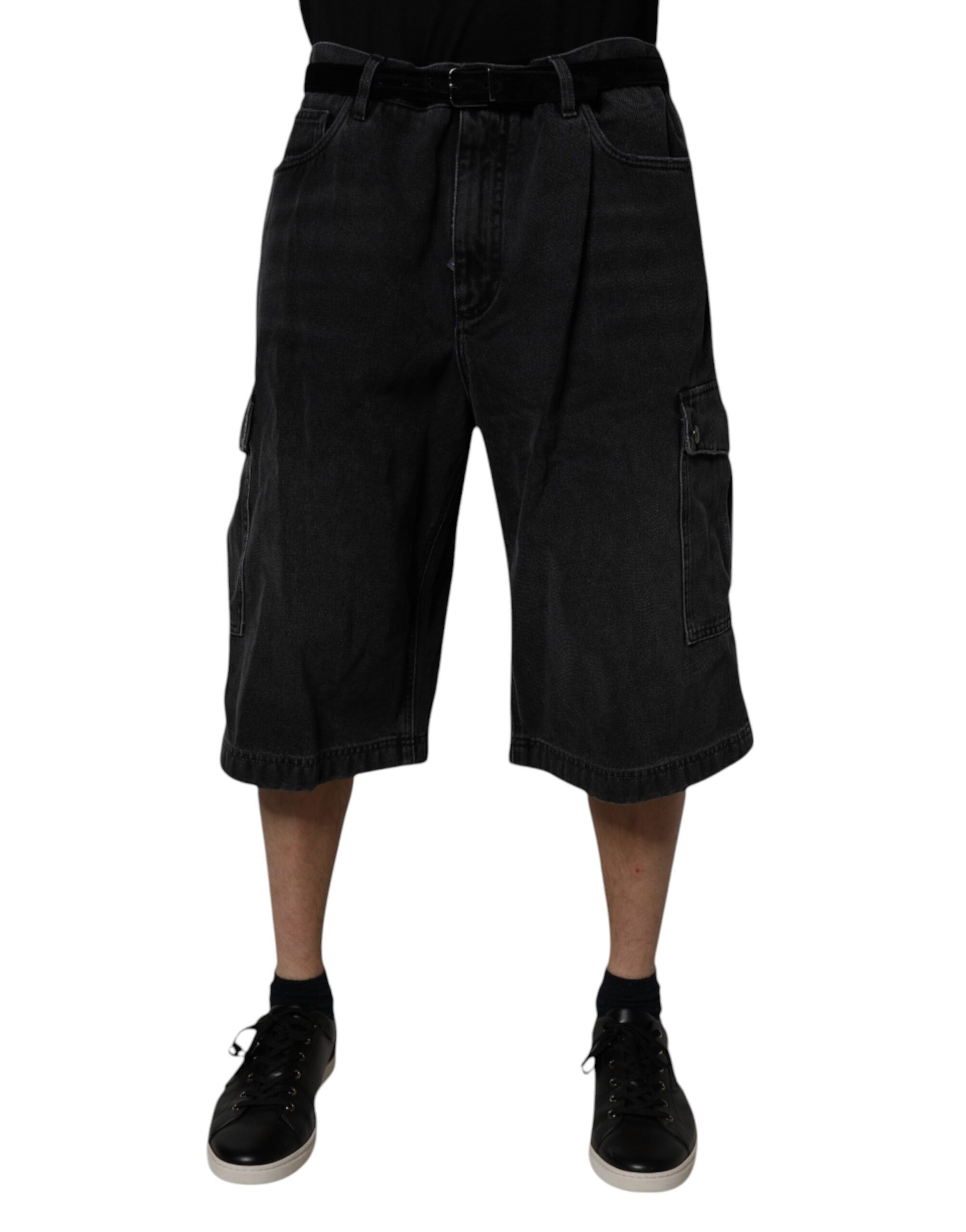 Black Cotton Cargo Denim Men Bermuda Shorts