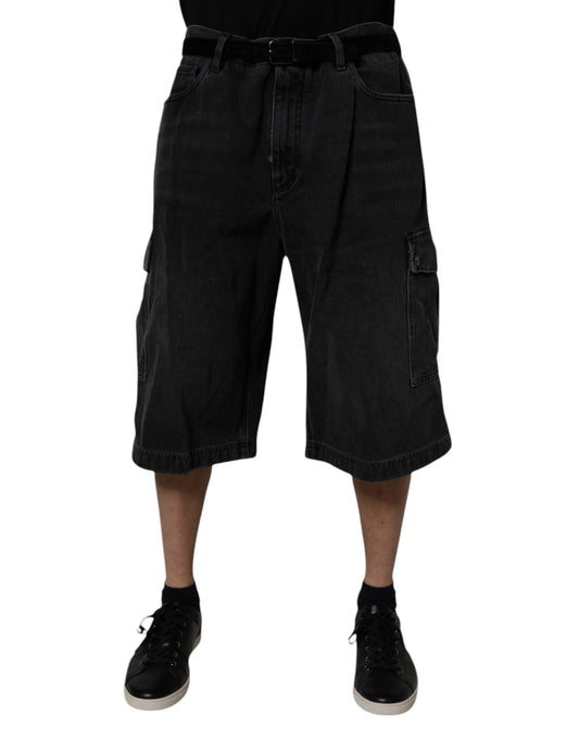 Black Cotton Cargo Denim Men Bermuda Shorts